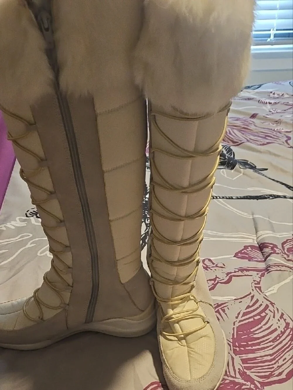 Baby Phat Throw Backs Women's Cream Lace-Up Faux Fur Winter Boots